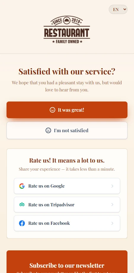 The public Qupola review page a guest sees after scanning – rate your visit, then continue to Google, TripAdvisor or Facebook